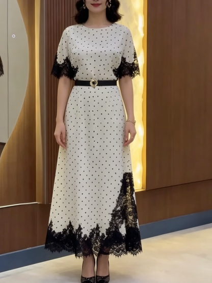 Vintage Polka Dot & Lace Trim Midi Dress