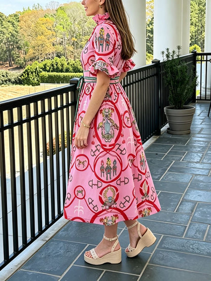 Pink Equestrian Print Ruffle Neck Midi Dress