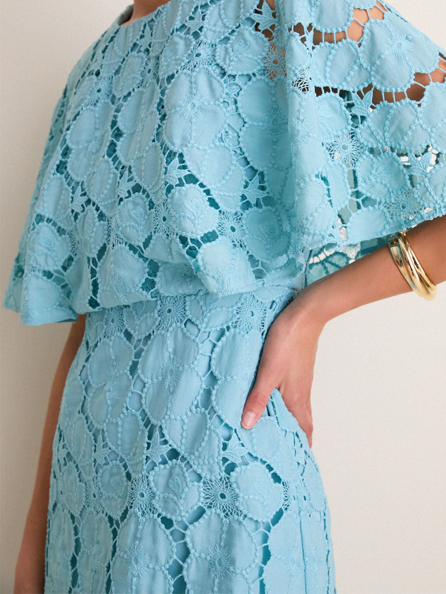 Eyelet Cutout Cape Sleeves Elegant Maxi Dress