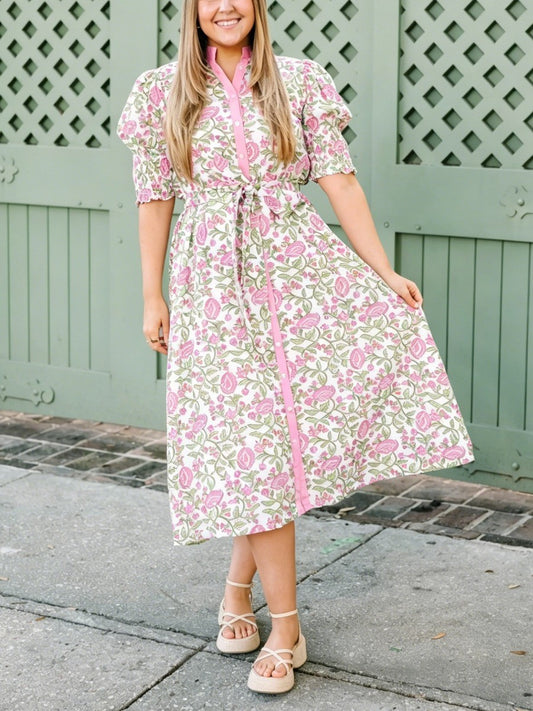 Pink Floral Print Belted Midi Shirt Dress