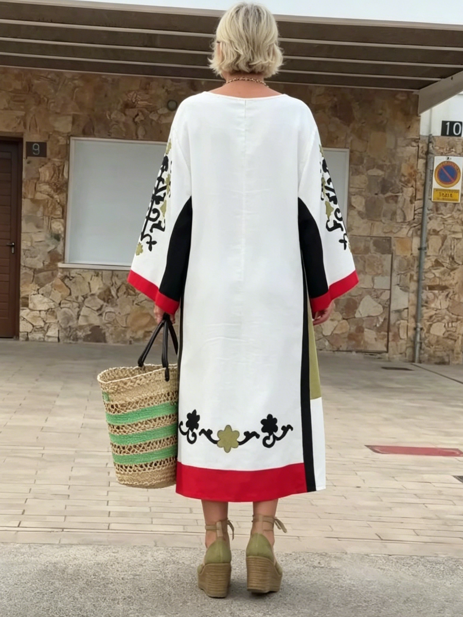 Boho Embroidered Color Block Kaftan Beach Midi Dress