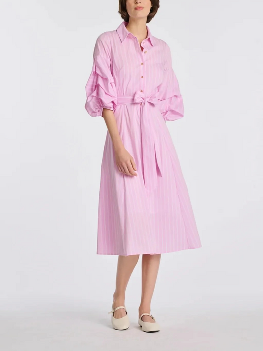 Pink Striped Puff Sleeve Shirt Dress With Tie Waist | Midi Cotton Dress