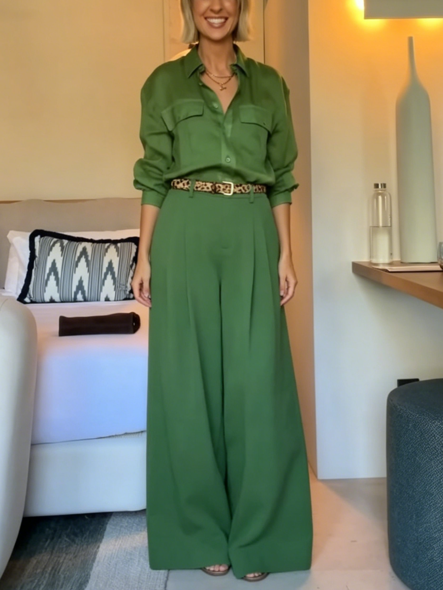 Vibrant Green Two-Piece Wide Leg Pants Outfit