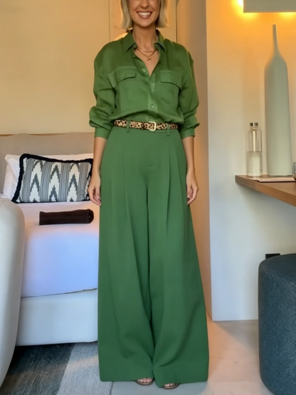 Vibrant Green Two-Piece Wide Leg Pants Outfit