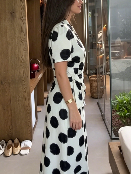 Black & White Polka Dot 2-Piece Midi Set with Wrap Waist