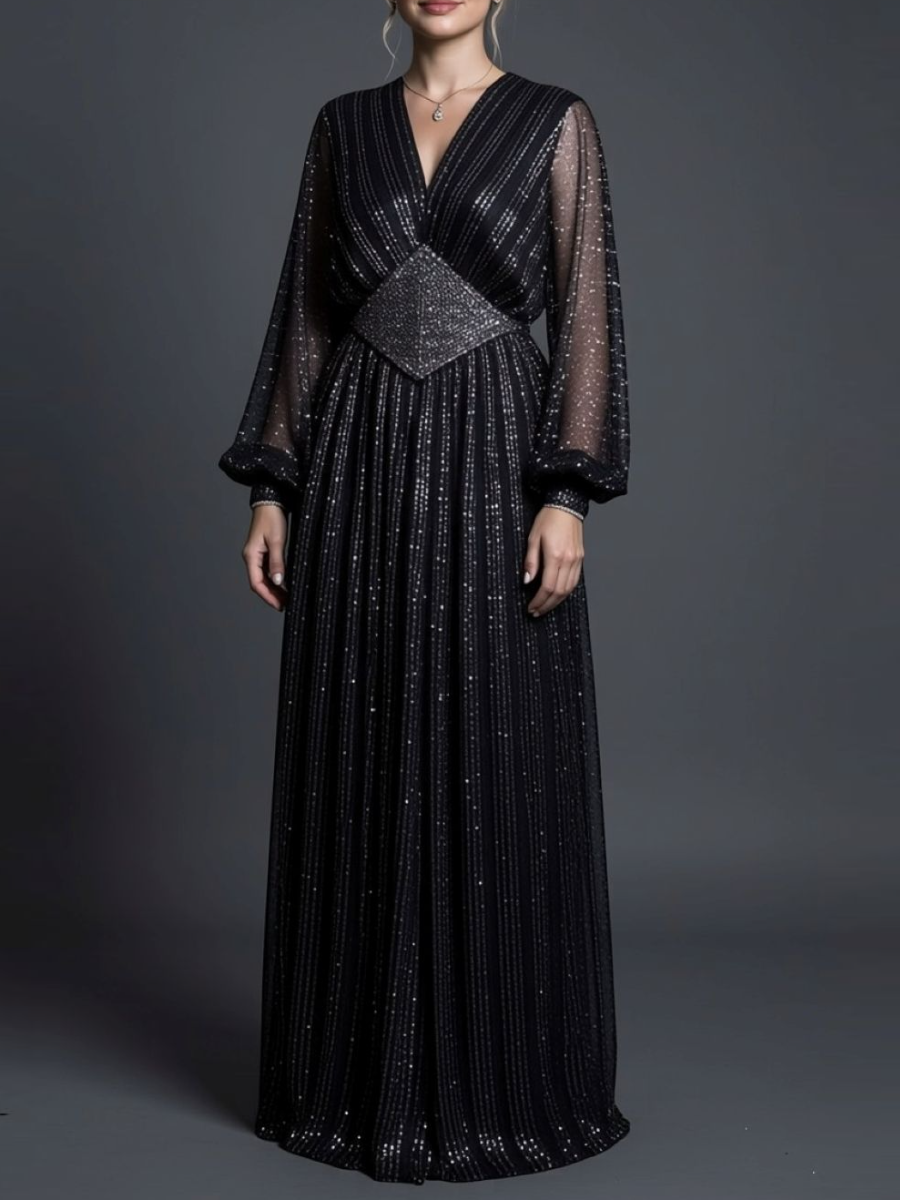 Black Sparkle Mesh Puff Sleeve Evening Maxi Dress