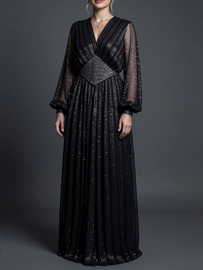 Black Sparkle Mesh Puff Sleeve Evening Maxi Dress