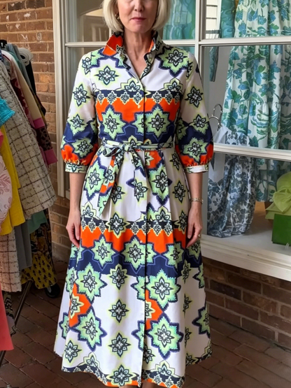 Color Block Ethnic Print Waist Tie Shirt Midi Dress