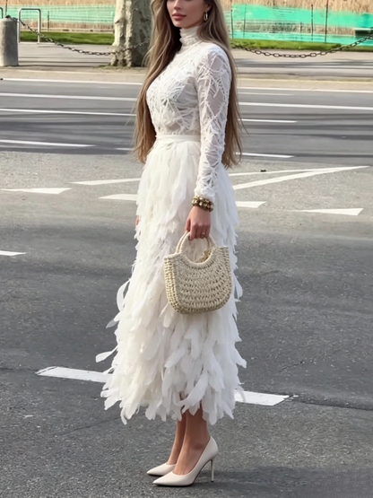 Ethereal White Lace & Feather Midi Dress