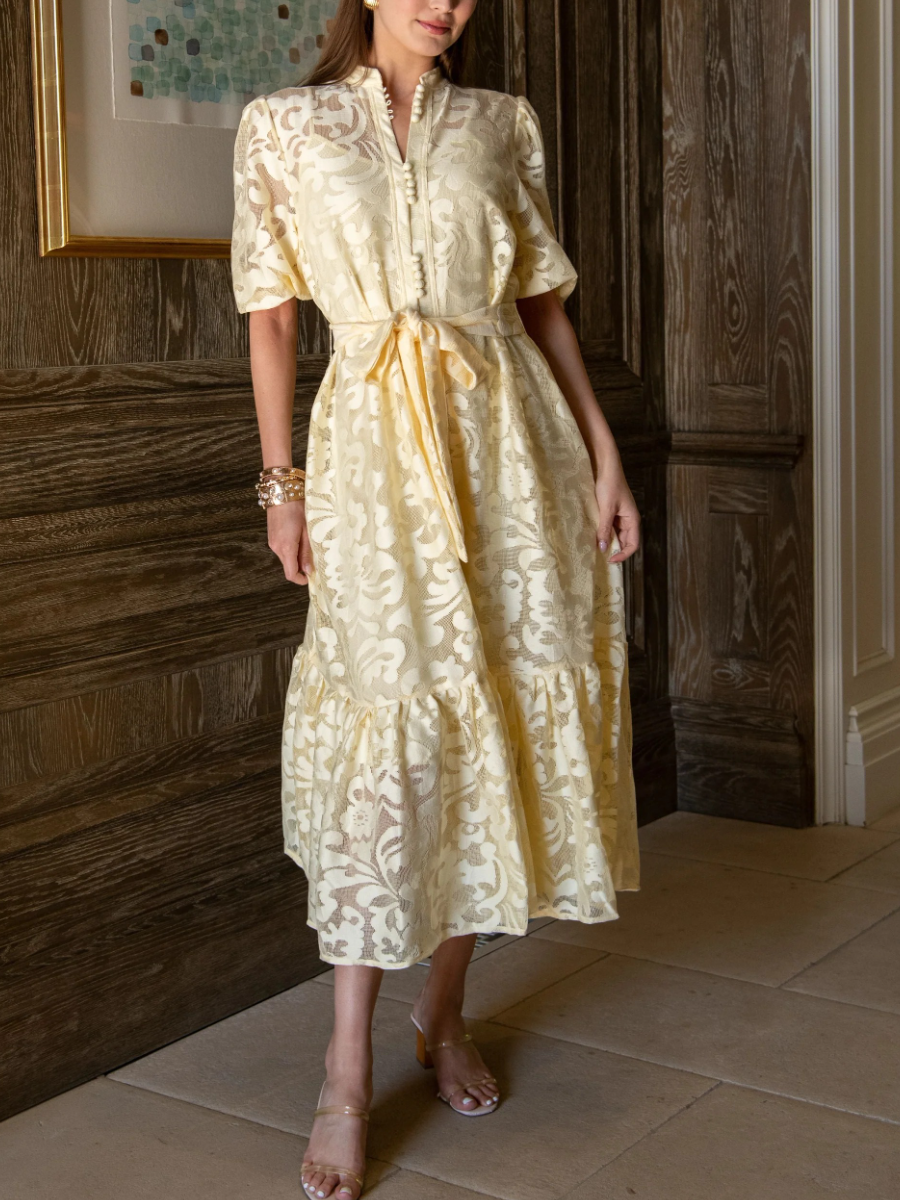 Lace Short Puff Sleeve Midi Dress - Yellow