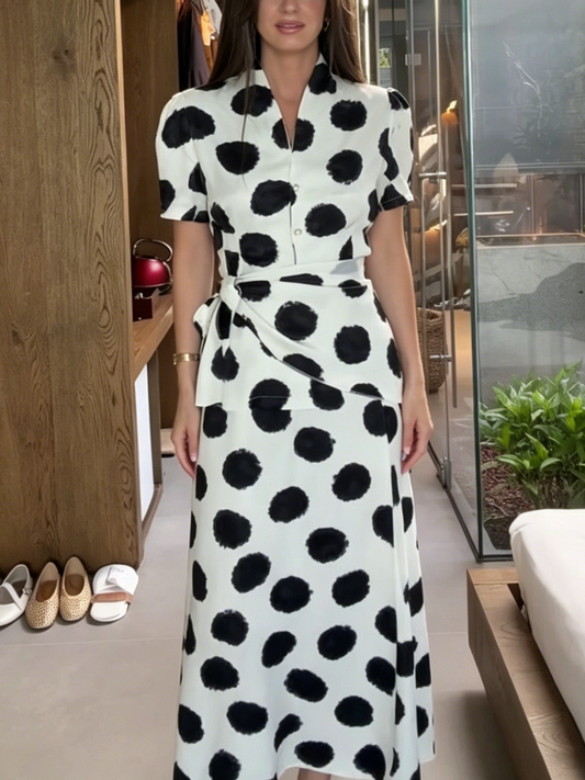 Black & White Polka Dot 2-Piece Midi Set with Wrap Waist