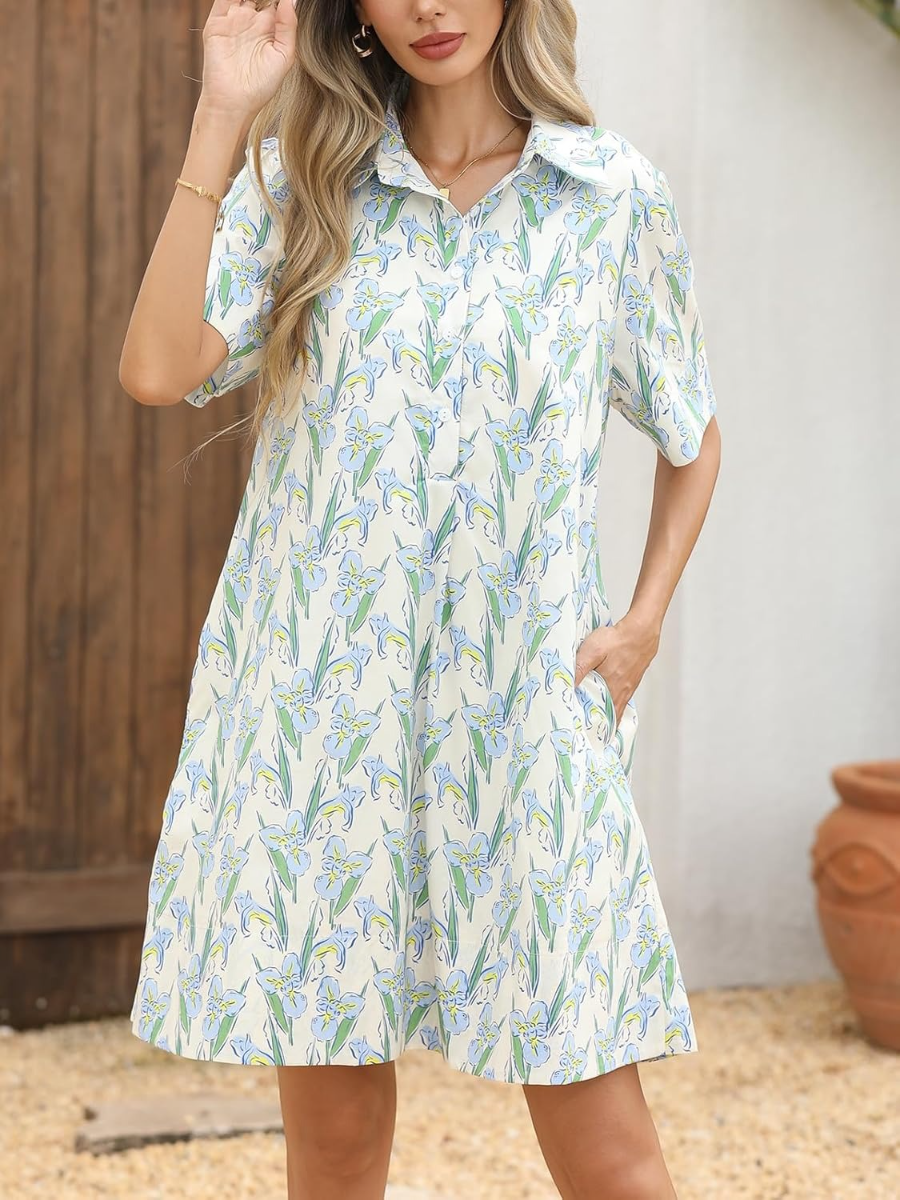 Blue Iris Floral Print Shirt Dress