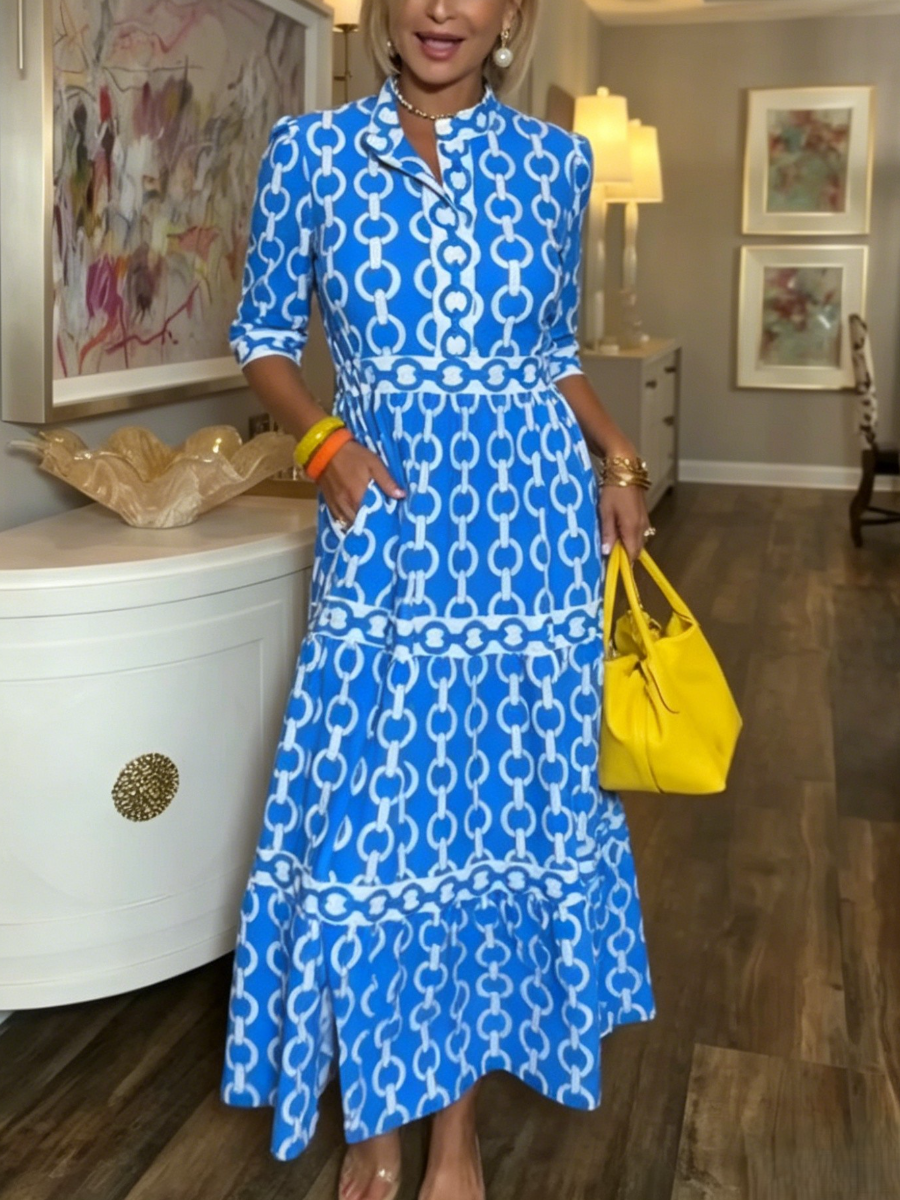 Chain Pattern Waist Tie Tiered Collared Pocket Midi Dress