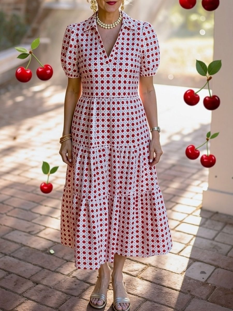 Red Polka Dot Collar Tiered Midi Dress
