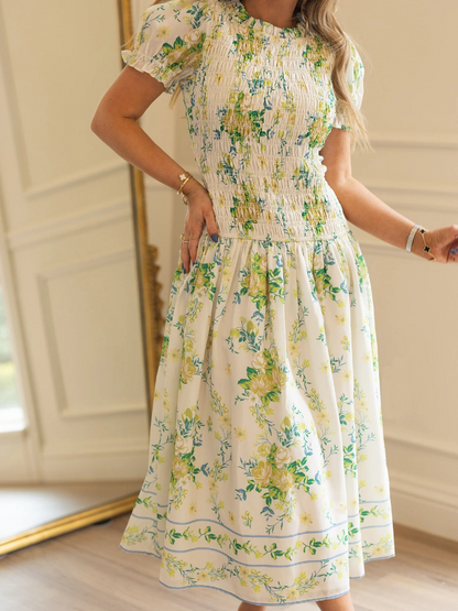 Green Floral Print Smocked Midi Dress