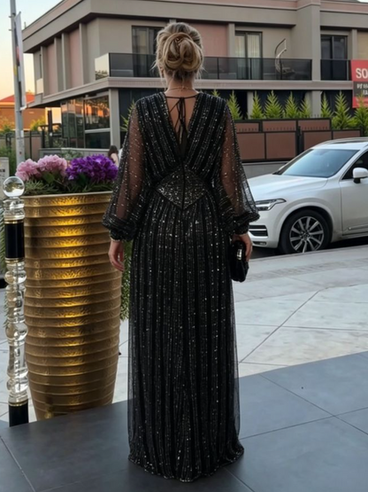 Black Sparkle Mesh Puff Sleeve Evening Maxi Dress