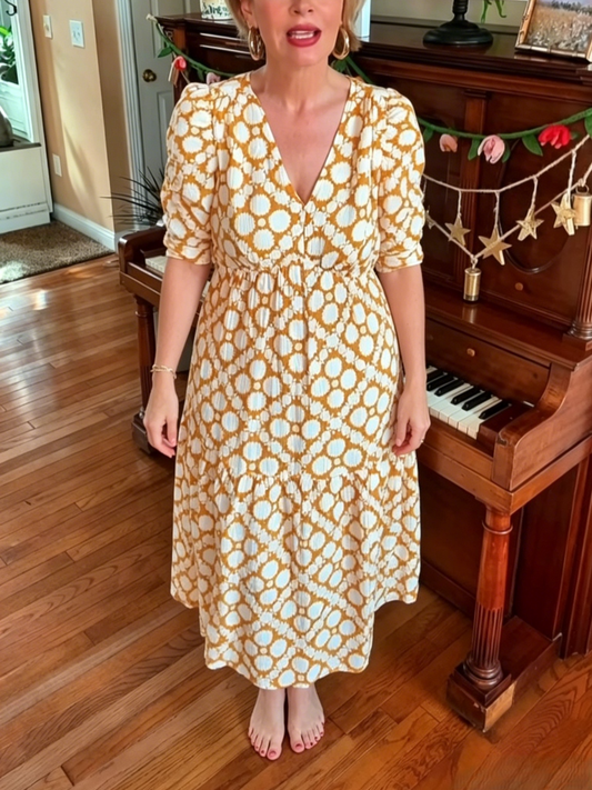 Bohemian Mustard Yellow Dot Print Midi Dress
