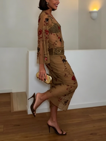 Floral Embellished Sheer Midi Dress