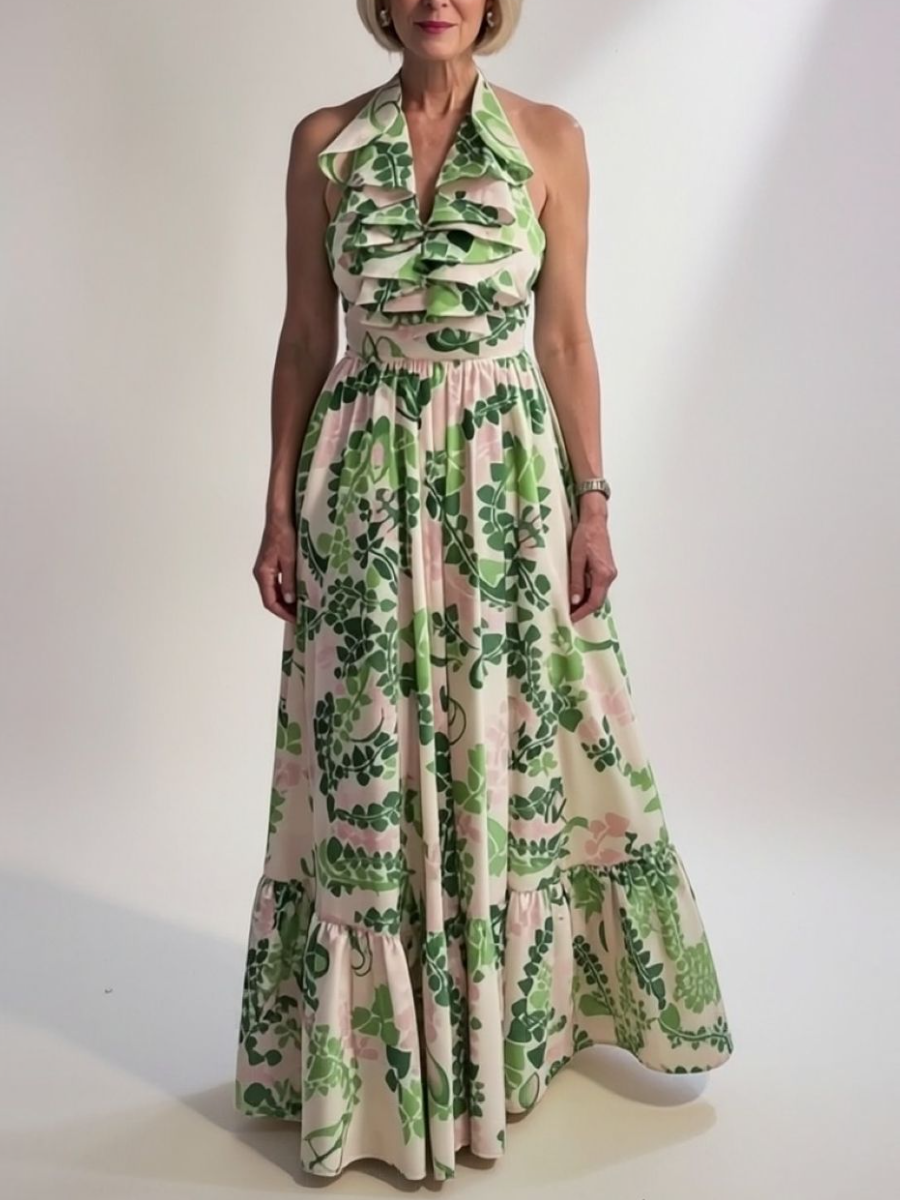 Halter Ruffle Green Leaf Print Maxi Dress