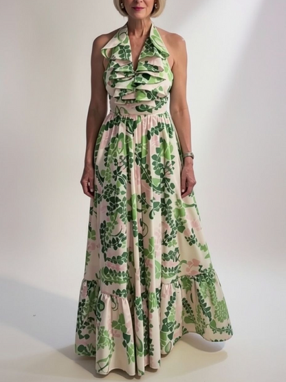 Halter Ruffle Green Leaf Print Maxi Dress