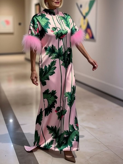 Back Bow High Neck Silk Maxi Dress