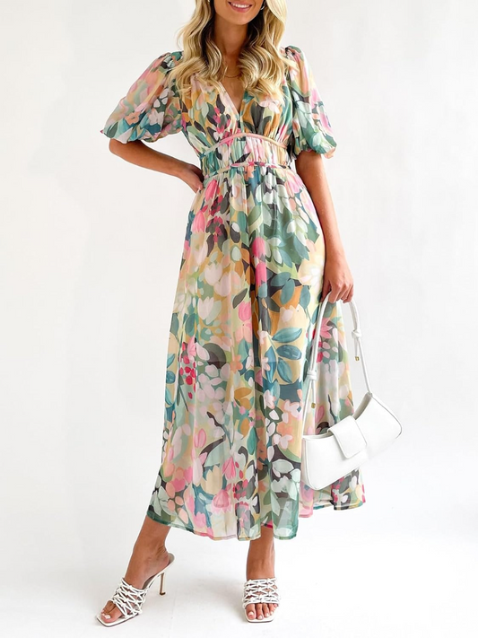 Watercolor Floral Chiffon Maxi Dress
