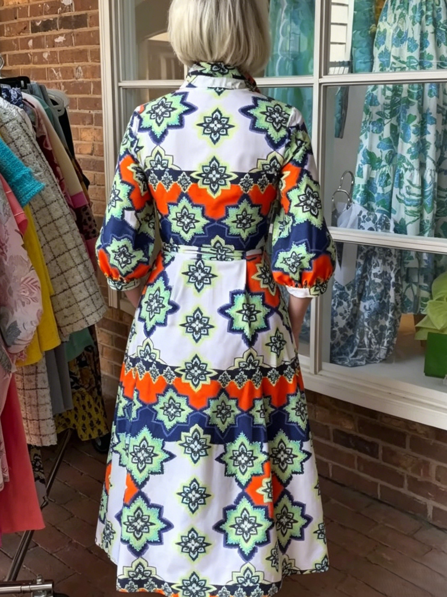 Color Block Ethnic Print Waist Tie Shirt Midi Dress