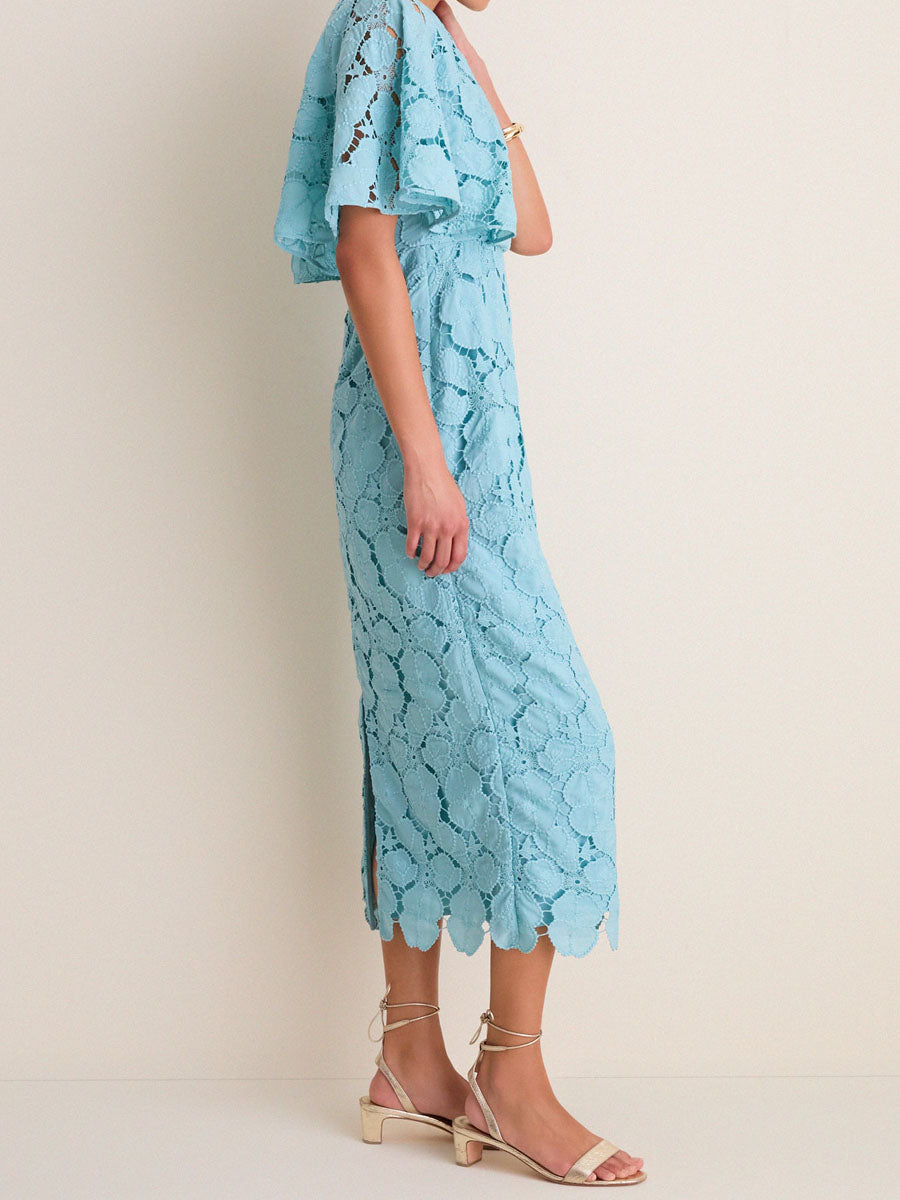 Eyelet Cutout Cape Sleeves Elegant Maxi Dress