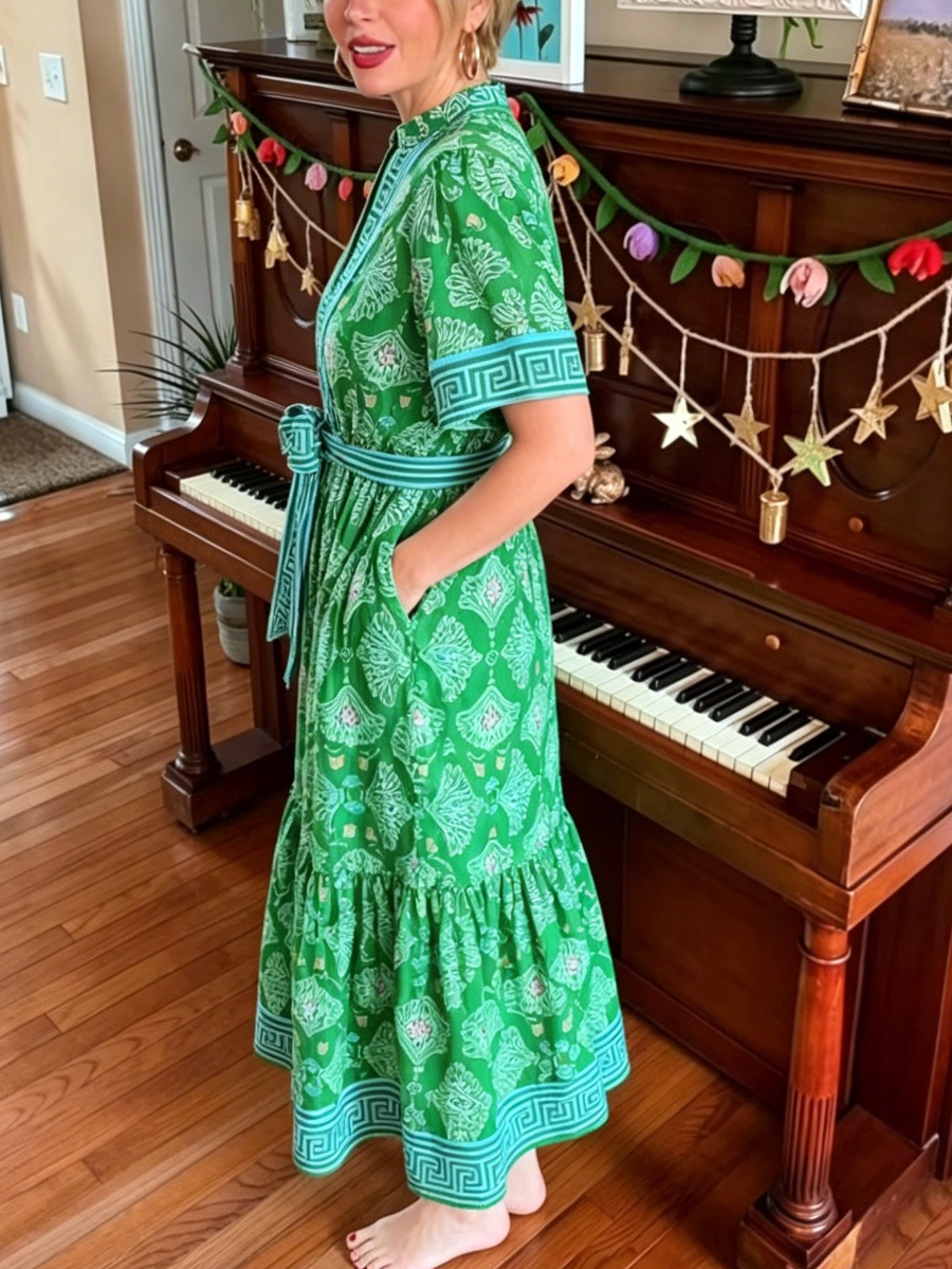 Green Greek Key Print Belted Midi Caftan Dress