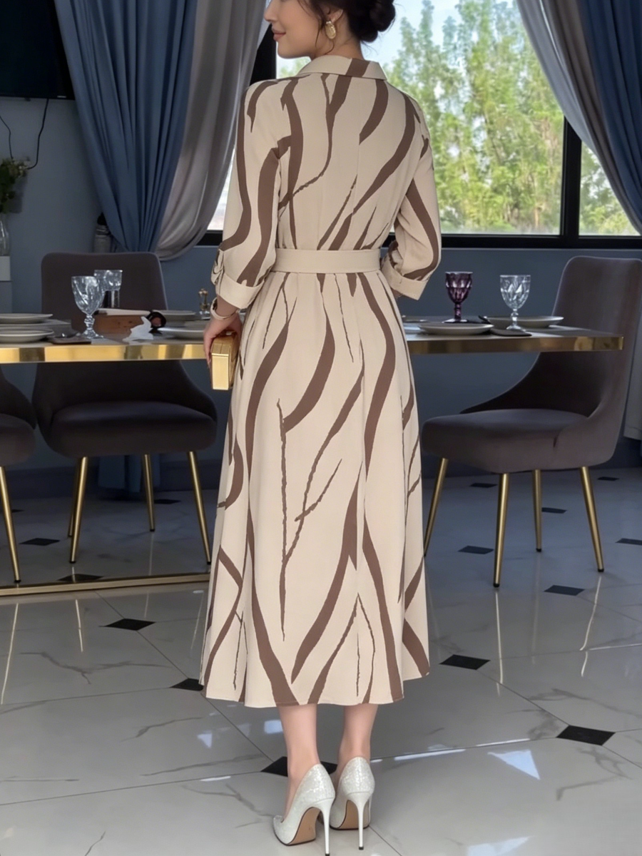 Chic Beige & Brown Abstract Print Midi Shirt Dress