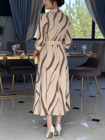 Chic Beige & Brown Abstract Print Midi Shirt Dress