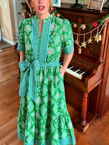 Green Greek Key Print Belted Midi Caftan Dress