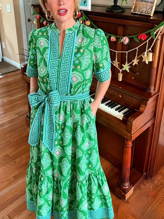 Green Greek Key Print Belted Midi Caftan Dress