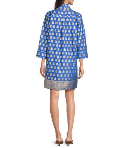 Helen Foiled Foulard Border Dress in Royal Blue