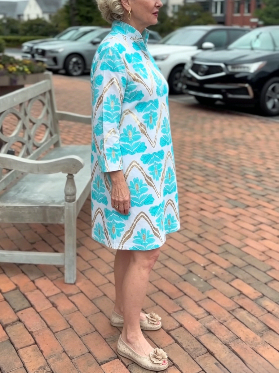 Vibrant Turquoise Print High Neck Shift Dress