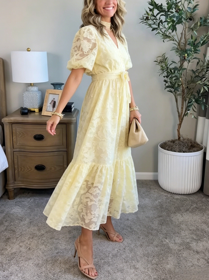 Light Yellow Puff Sleeve Floral Maxi Dress