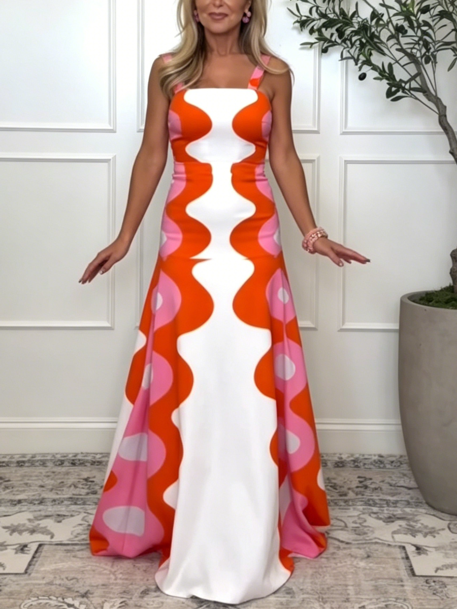 Retro Abstract Wave Print Maxi Dress
