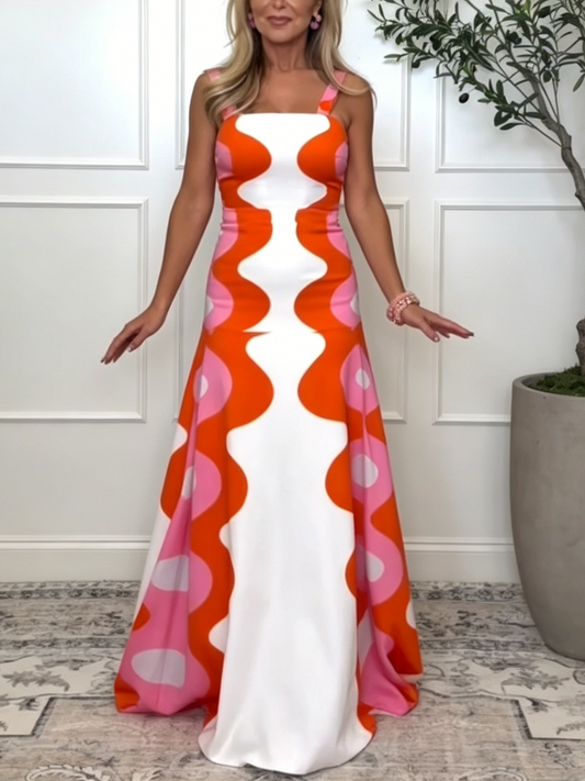 Retro Abstract Wave Print Maxi Dress
