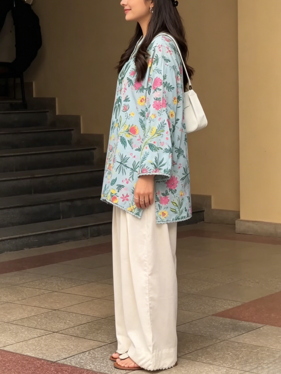 Boho Botanical Printed Scallop Edge 3/4 Sleeve Tunic Shirt