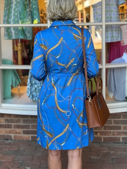 Luxury Horsebit Chain Print Waist Tie Mini Shirt Dress