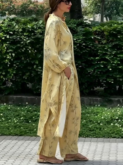Yellow Bamboo Print Flowy Outfit