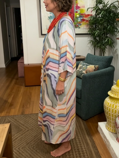 Watercolor Stripe Print V Neck Oversized Caftan Tunic Dress