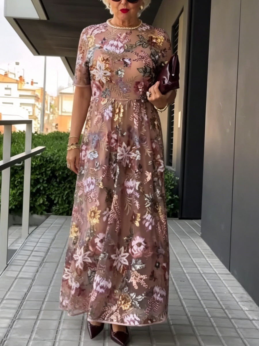 Blush Floral Sequin Embellished Tulle Maxi Dress