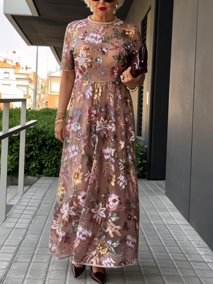 Blush Floral Sequin Embellished Tulle Maxi Dress