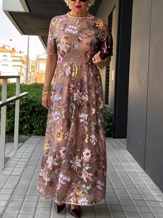 Blush Floral Sequin Embellished Tulle Maxi Dress