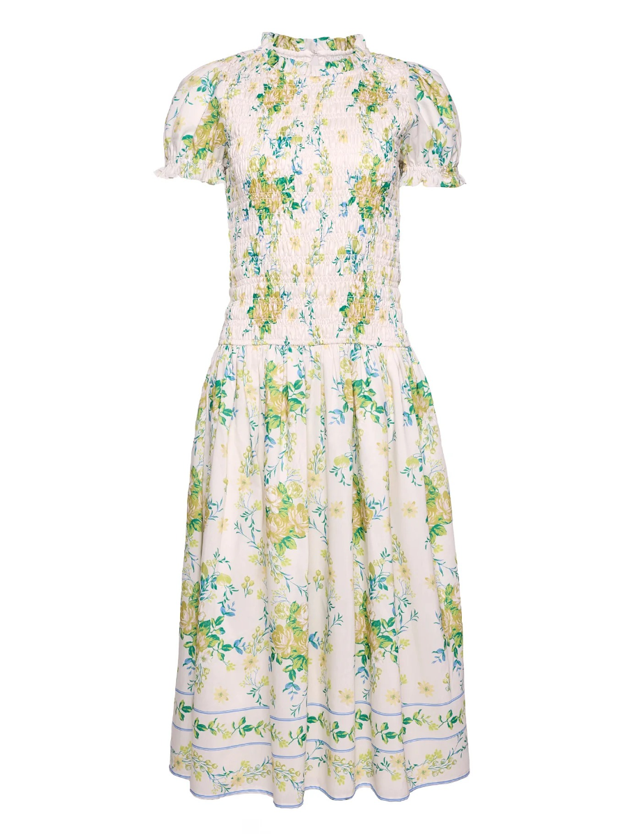 Green Floral Print Smocked Midi Dress