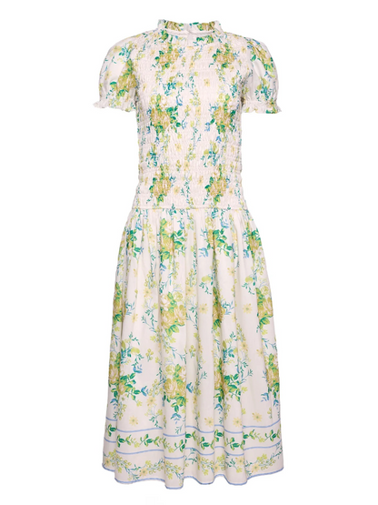 Green Floral Print Smocked Midi Dress