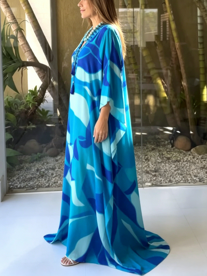 Flowy Blue Abstract Print Kaftan Maxi Dress