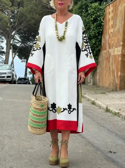 Boho Embroidered Color Block Kaftan Beach Midi Dress