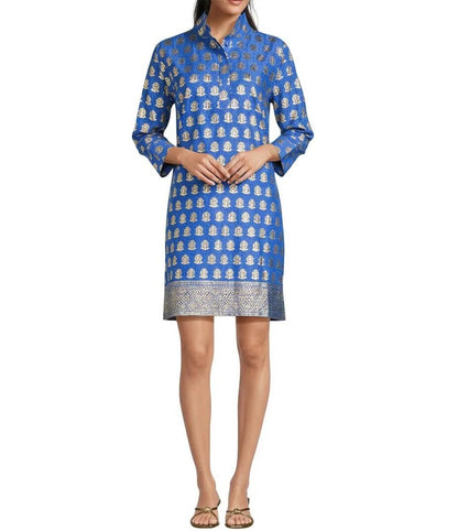 Helen Foiled Foulard Border Dress in Royal Blue